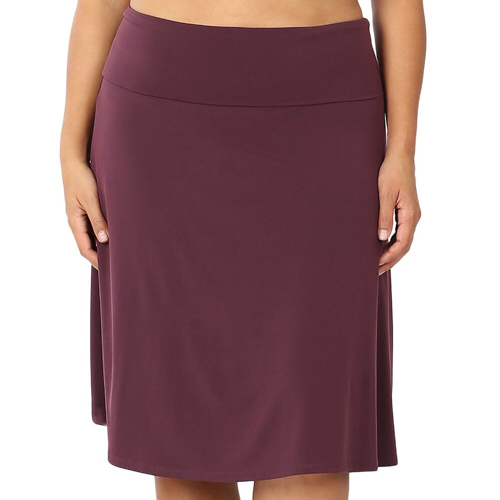 ZENANA ITY FOLD OVER WAIST BAND A-LINE FLARED SKIRT S-M-L-XL EGG PLANT